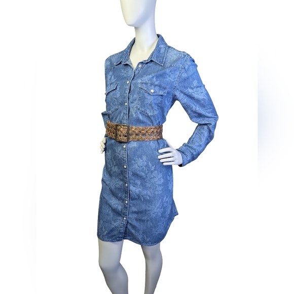 GAP Western Pearl Snap Denim Dress | Bleached Floral Wash | 100% Cotton | Size M - Picture 3 of 8